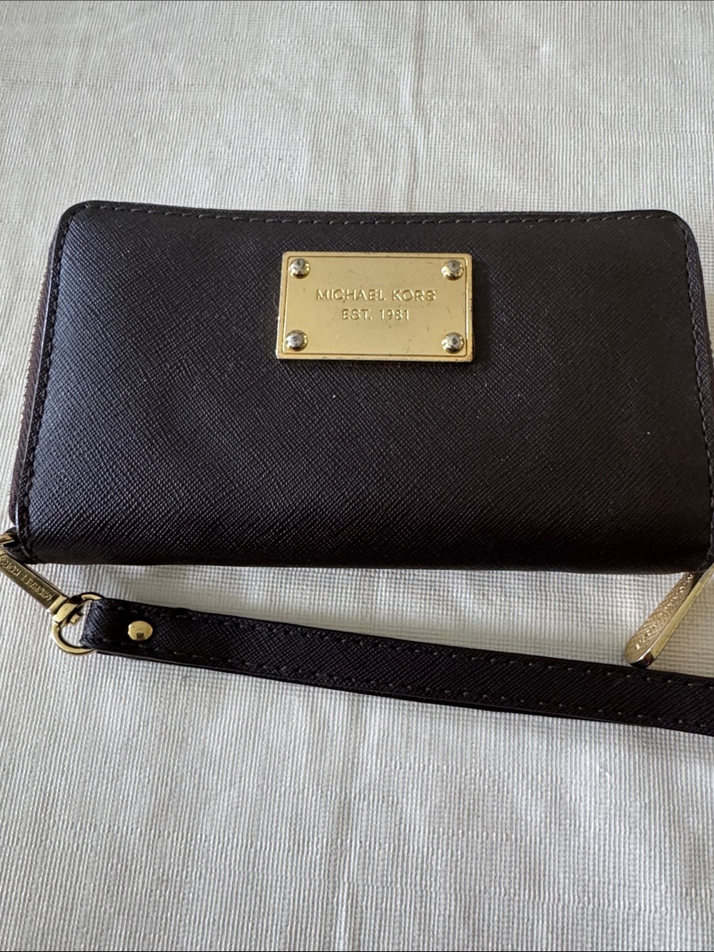 Michael Kors Brown Saffiano Wristlet with Gold Plaque